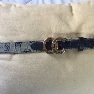 Vintage Oleg Cassini Blue Logo Fabric  and Leather belt Iconic OC Gold Buckle
